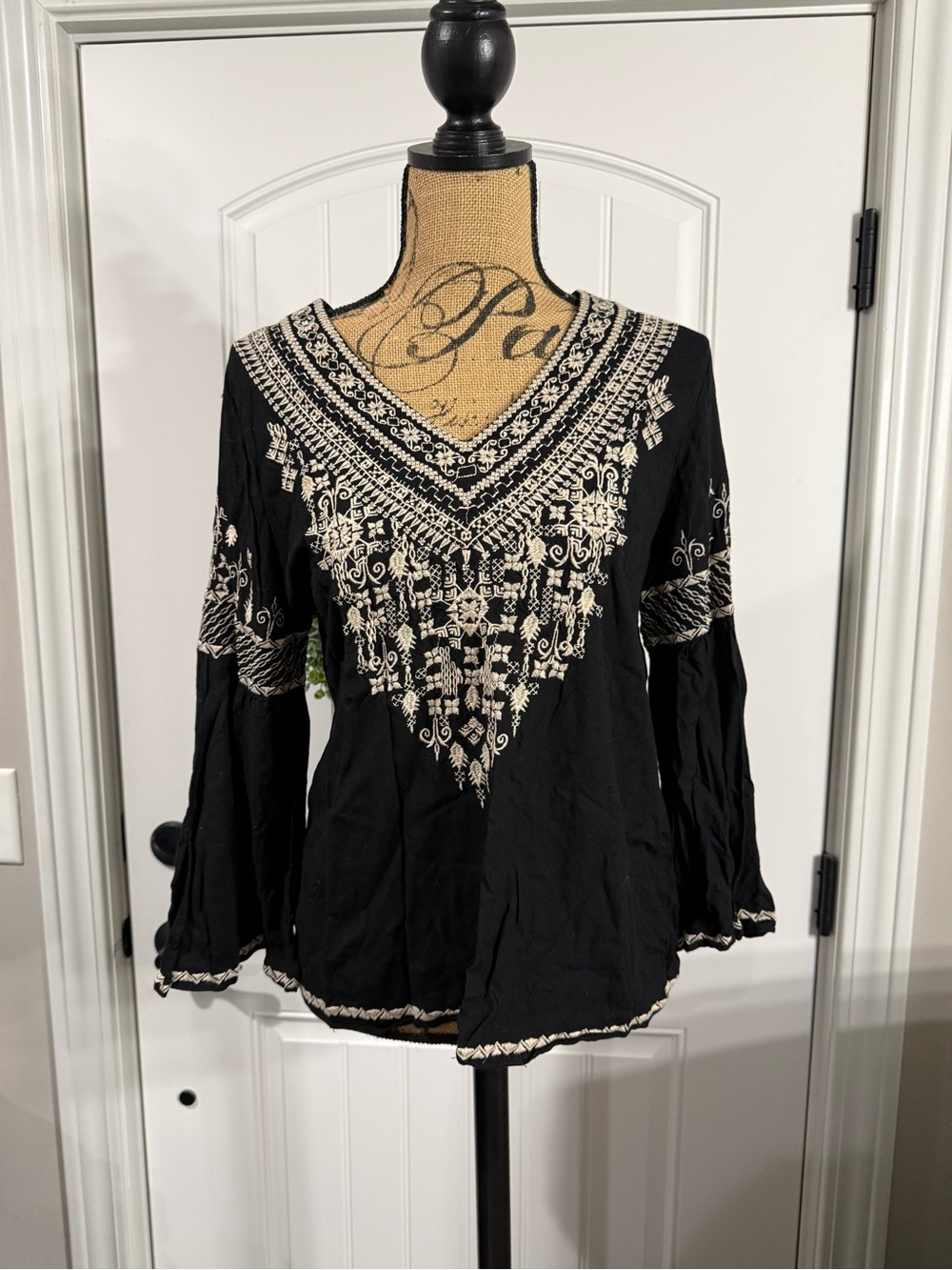 Chelsea & Theodore Black V-Neck Embroidered Tunic with Cream Accents